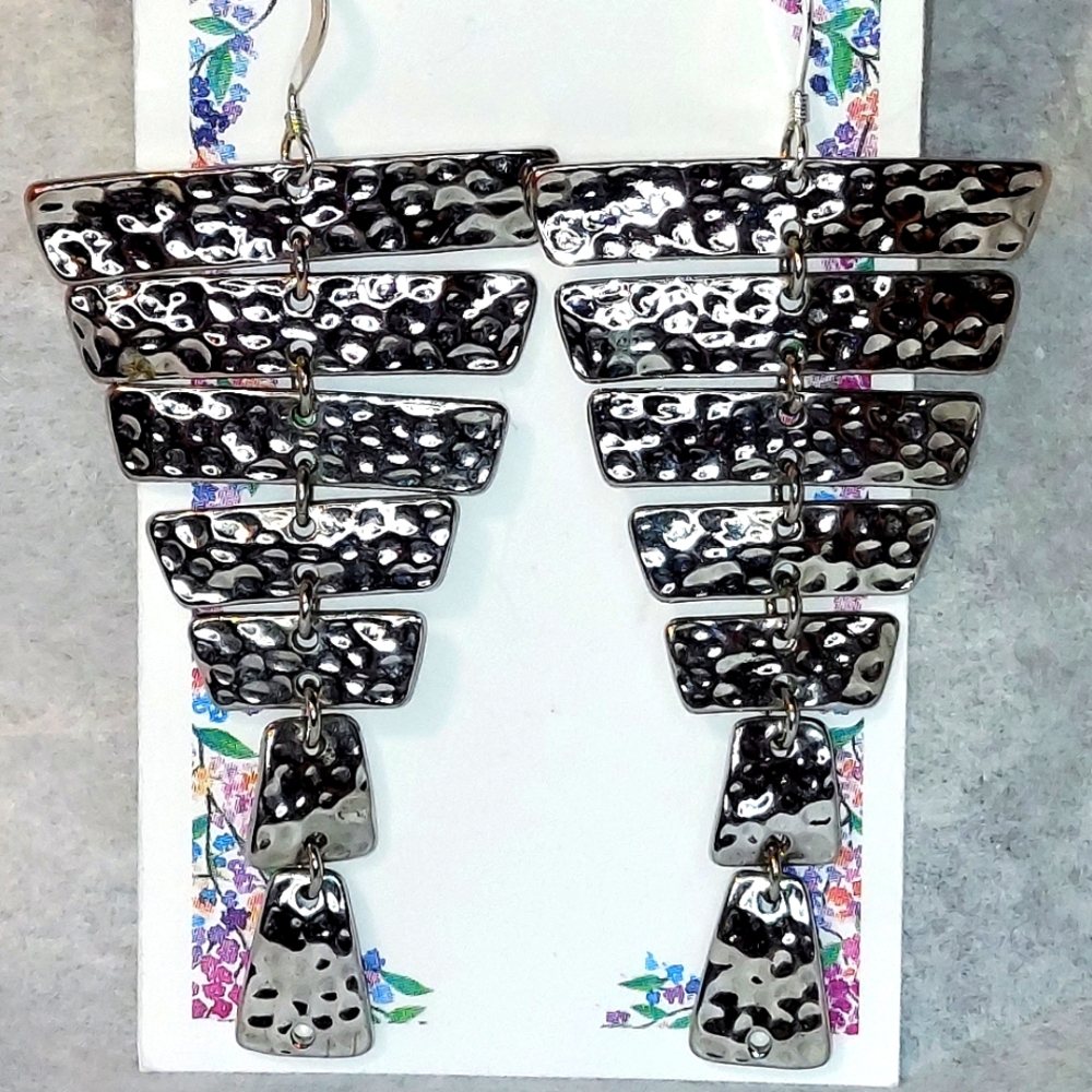 Bright Hammered Silver Plank Drop Gorgeous Earrings .925 Earwires
